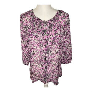 Elle Women’s Large Purple‎ Floral Ruffled Blouse